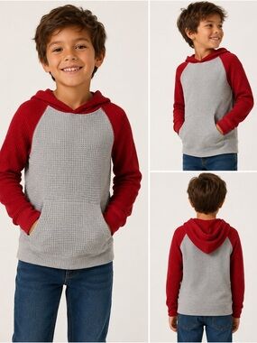 Kids Red & Gray Hooded Waffle Pullover